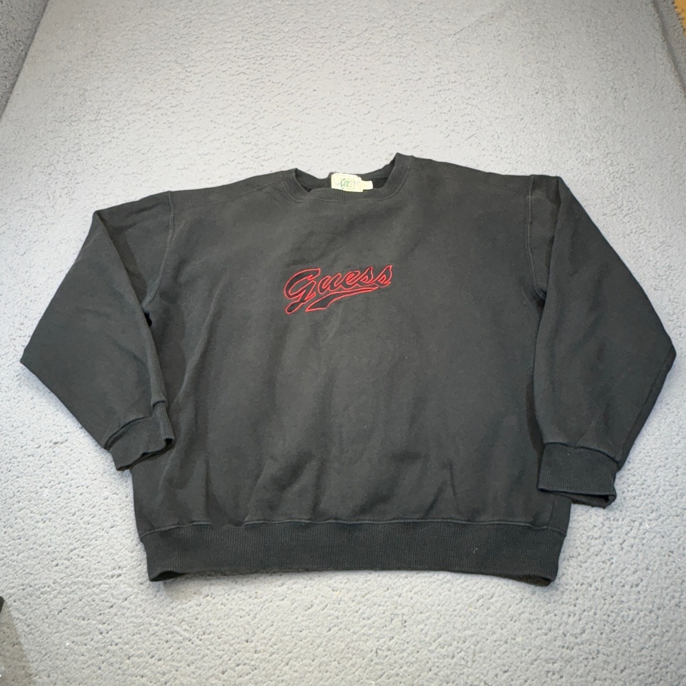 Vintage Guess Crewneck Sweatshirt Mens XL Black Red Script Logo Pullover 90s